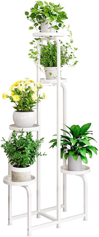 INGIORDAR Plant Stand Indoor Outdoor 5 Tier Metal Plant Shelf for Multiple Plants Corner Flower Holders for Living Room Balcony Bedroom Patio Garden, Black (White, 5-Tier)