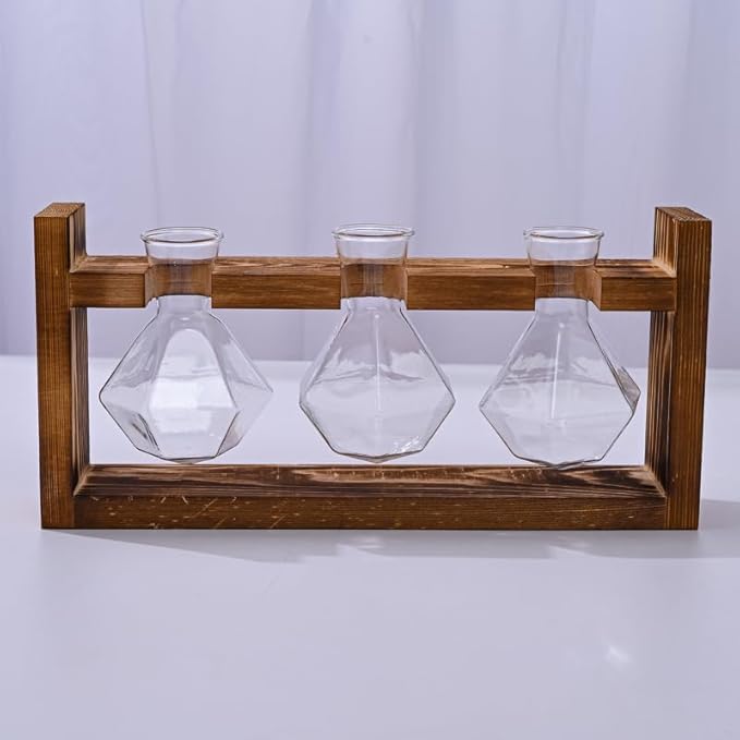 Wooden Base Glass Vase - Plant Holder & Propagation Station for Hydroponic Plants, Desktop Terrarium with Wooden Stand, Stylish Home & Office Décor, Great Gift for Plant Enthusiasts (YMFLX-3B)