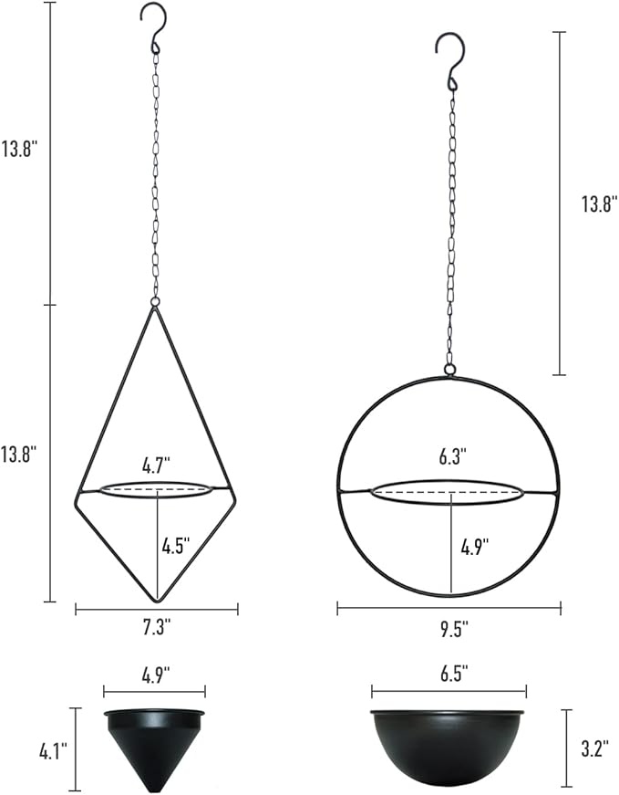 Metal Hanging Planters Set of 2 Modern Indoor Plant Hanger with Round and Diamond Pots, Geometric Small Wall and Ceiling Hanging Plant Holders for Succulents and Herbs, Black Finish