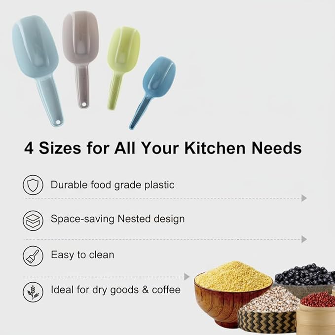 4Pcs Ice Scoop Set, Colorful Scoop for Freezer Kitchen Canisters Flour Powders Dry Foods Candy Popcorn Coffee Beans Pet Food Scoops