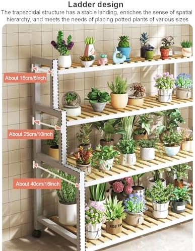 4-Tier Bamboo Plant Stand with Metal Frame - Multi-Layer Flower Display Rack for Indoor Succulents, Herbs & Home Decor - Stylish Ladder-Style Wooden Organizer
