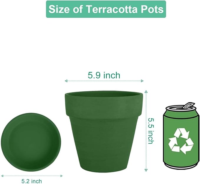 vensovo 6 Inch Green Terracotta & Clay Pots for Plant with Saucer - 4 Pack Medium Terra Cotta Planter with Drainage Hole, Flowerpot for Indoor Outdoor Plants, Crafts, Wedding Favor