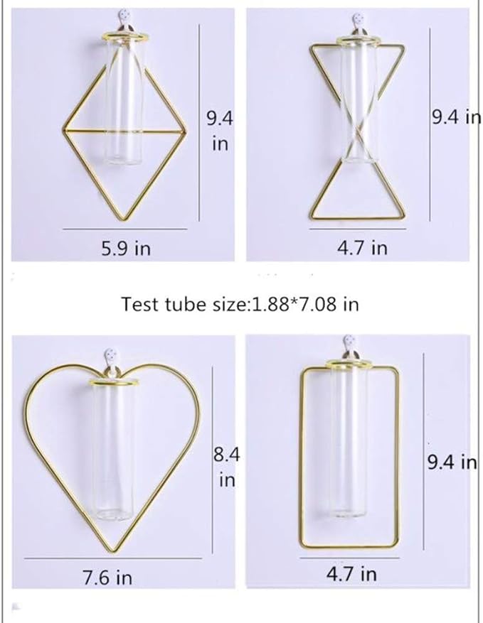 2 Pack Gold Wall Flower Vases,Gold Geometric Metal Frame Clear Glass Tube Bud Vase Hydroponic Plants(Gold 9)