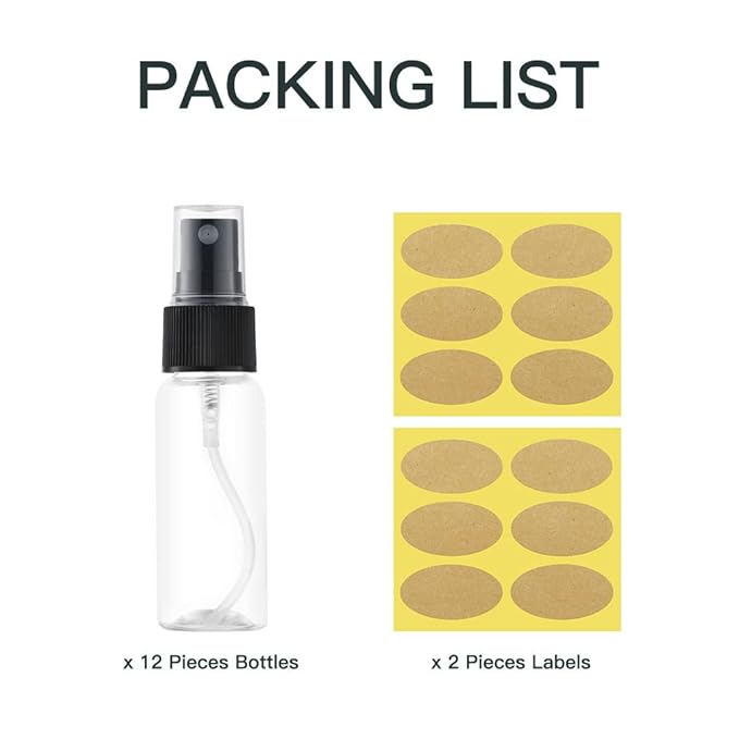 LISAPACK 1oz Small Plastic Spray Bottle (12 Pack) Empty Mini Fine Mist Travel Size Atomizer, Tiny Sprayer for Little Perfume, Water, Cologne, Alcohol, Samples (Clear, 30ml)