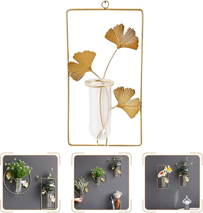Veemoon Wall Hanging Glass Terrariums Planter Wall Mounted Plant Propagation Station Test Tube Mini Vase Pot for Hydroponic Plants Gingko Leaf Sculpture Home Decor Gold L