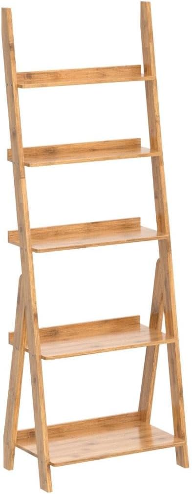 Maydear Bamboo Ladder Shelf Bookcase, 5-Tier Leaning Bookshelf Free Standing Organizer Storage Shelves for Living Room, Bedroom, Kitchen, Home Office, Balcony, Natural Wood | Bookcase, Living Room, Bedroom, Kitchen, Home Office