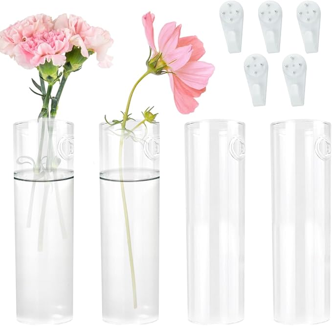 4 Pack Wall Hanging Glass Plant Holders with Hooks, Hanging Glass Vase Transparent Wall Mounted Propagation Station for Home Decor Dining Table, Cylinder Set