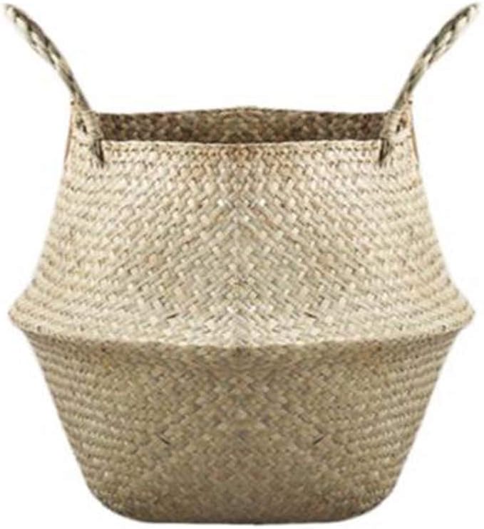 Woven Seagrass Belly Baskets with Handles for Planter Storage Flower Pot Cover Organizer&Laundry,Picnic Fruit&Grocery Baskets,Foldable Handmade Wicker Rattan Basket Hanging Decorative Baskets