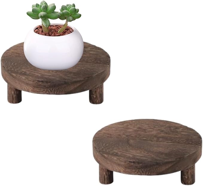 2 Pack Wood Riser Set, 7.8 Inch Natural Wooden Display Stand for Plants Candles Jewelry, Sturdy Elevated Plant Stand with Foot Pads for Kitchen Living Room Bathroom, Rustic Home Decor Gift (Dark Brown)