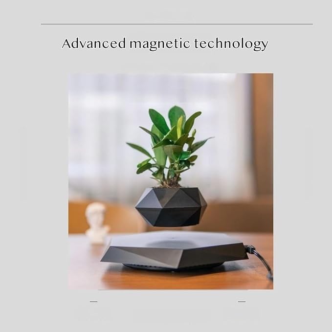 Magnetic Levitating Planter with Geometric Black Design for Home and Office Decorative Display (Black)