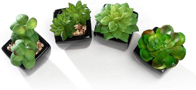 Modern Mini Artificial Succulent Plants Potted in Cube-Shape Black Ceramic Pots for Home Decor, Set of 4