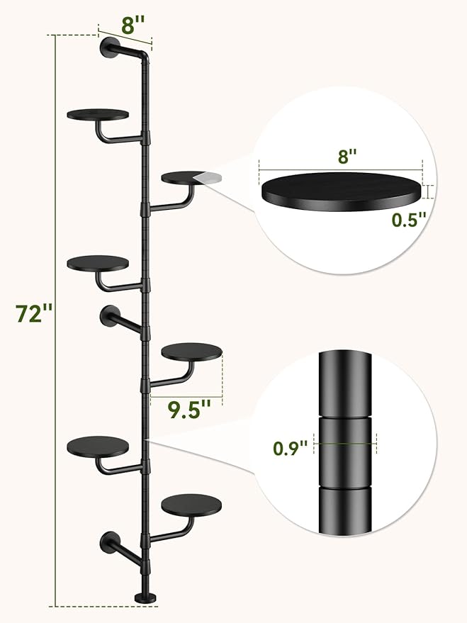 Plant Stand Indoor, 6-Tier Plant Shelf, Tall Wall Mounted Metal Pole & Rotating Wooden Board Plant Holder for French Window, Corner, Home Decor - C5 Black