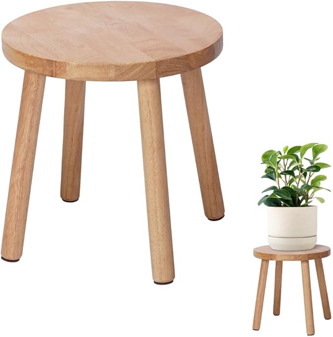 11.8" Wooden Stool Small Round, Solid Wood Plant Stand Indoor, Mini Wood Side Table for Living Room Bedroom Bathroom, Rustic Farmhouse Decorative Stool (Natural)