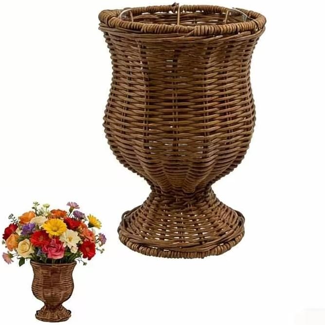 11" Urn Goblet Woven Planter – Wicker Flower Pot Woven Flower Basket, Rattan Flower Basket Decorative Indoor Outdoor Flower Vase for Home Garden & Patio Decor