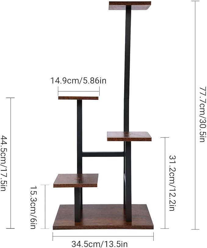 4 Tier Plant Stand for Indoor Plants, Modern Wood & Metal Flower Shelf with Wooden Shelves - Multi-Tiered Display Rack for Living Room, Balcony, Patio, Easy to Assemble Space Saver, Brown