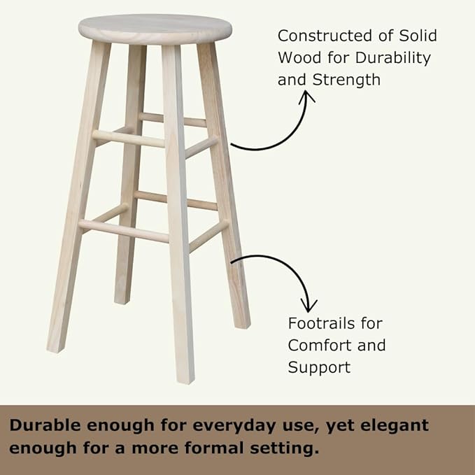 International Concepts Round Top Stool, 29-Inch Bar Height, Solid Parawood, Unfinished