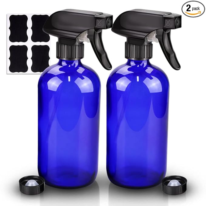 Wedama Glass Spray Bottle, 2 Pack Blue 16 oz Glass Spray Bottles for Cleaning Solutions and Essential Oils, Refillable Empty Spray Bottle with Adjustable Nozzles for Alcohol, Plant and Hair Care