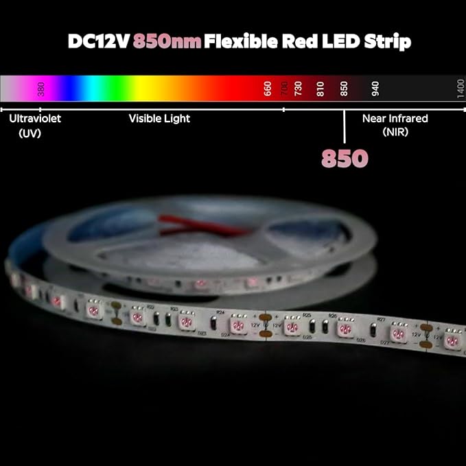 12 Volt 850nm LED Strip Light, 5m/16.4ft 72W IP20 Non-Waterproof Trimmable Flexible Infrared Light Tape for Night Photography and LED Red Light Therapy (850nm, 300 LEDs, 5050 SMD)