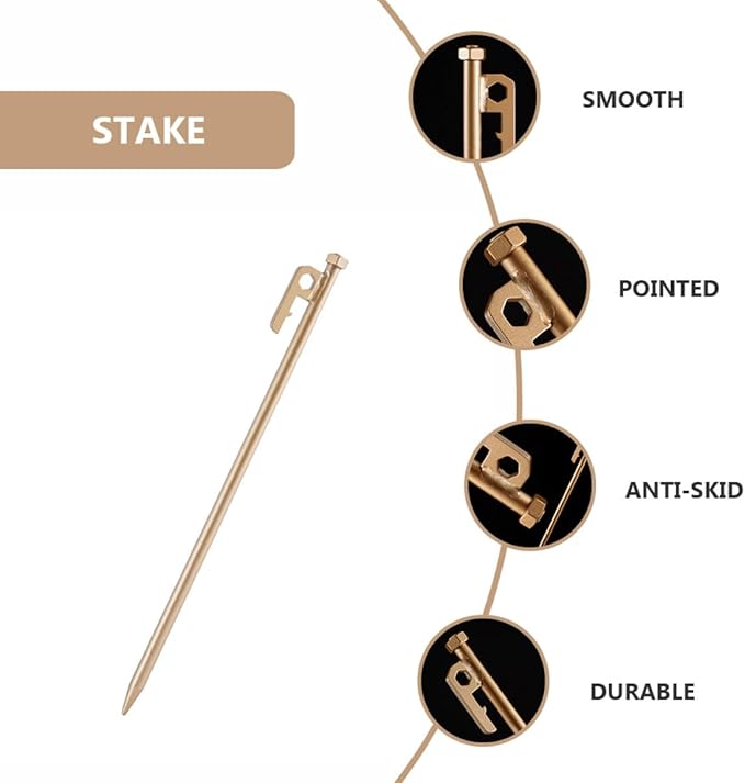 4pcs Stainless Steel Tent Stakes with Brass Nut, Heavy-Duty Non-Rust Ground Pegs for Family Camping and Outdoor Tents