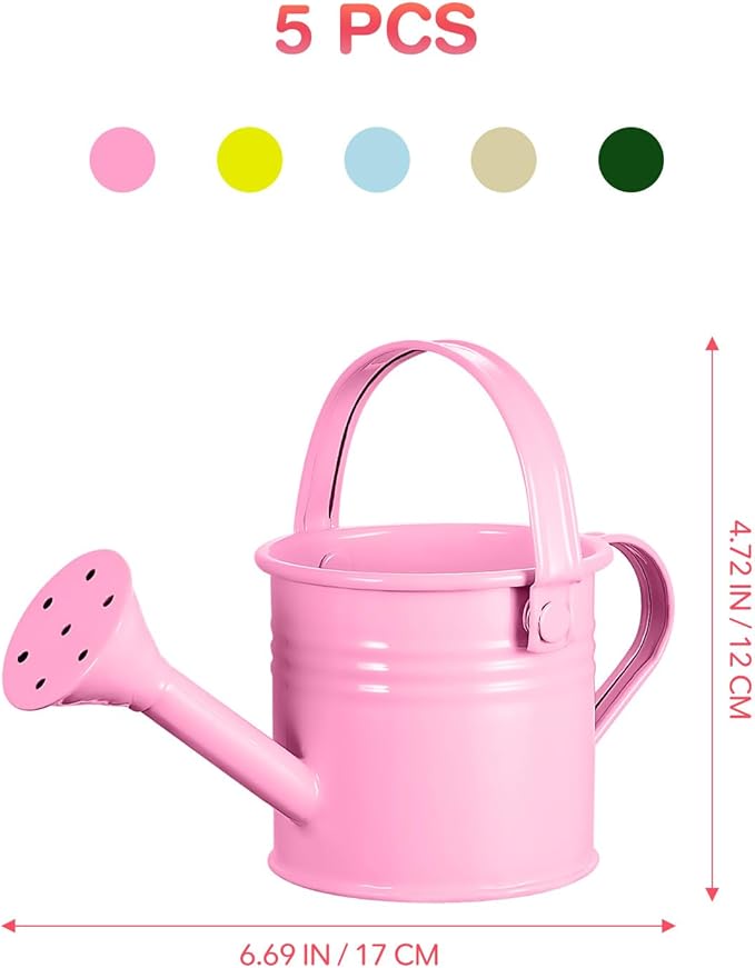 5 Pcs Kids Watering Cans, Mini Metal Plant Watering Can with Long Spout, Small Tin Flower Pots for Indoor Outdoor Gardening