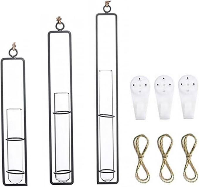 Hanging Glass Hydroponic Vase Set 3pcs with Test Tubes and Iron Frames, Wall-Mounted Plant Propagation Station for Home Décor and Garden Display, Includes 3 Hemp Ropes and 3