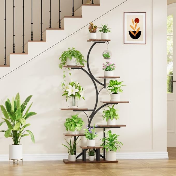 Plant Stand Indoor with Grow Light: Lighted Plant Stands 54.6" Tall, 9 Tiered Large Plant Shelf for Indoor Growing, S-Shaped Flower Holder Display for Multiple Plants, Living Room, Patio (Black)