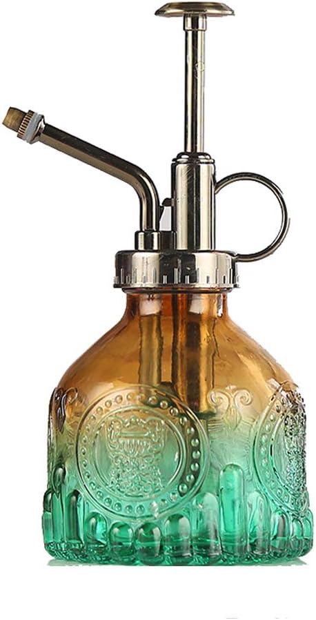 Plant Mister Glass Spray Bottle Small Plant Watering Can 6.4" Tall Retro Indoor Watering Can Bronze Plastic Top Pump for Garden Indoor Plant Sprayer (Brown Green Gradient)
