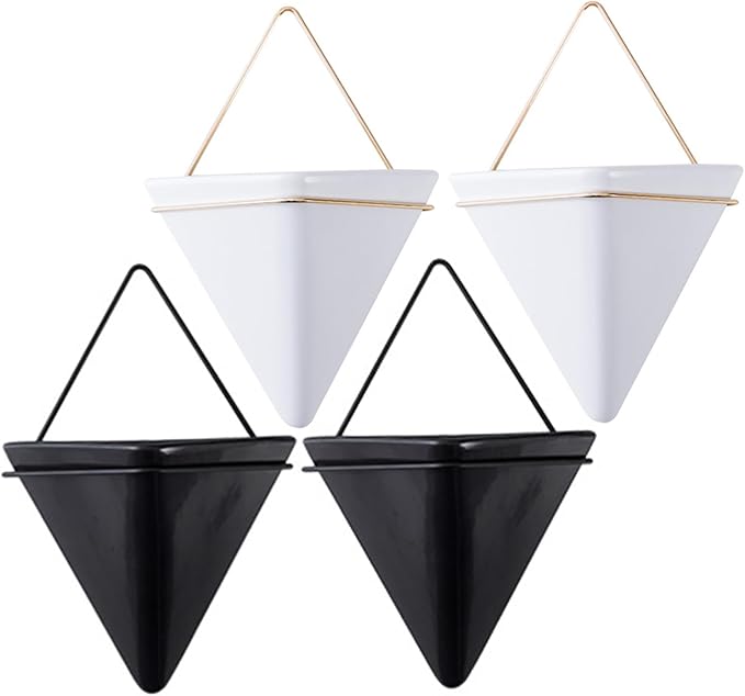 Flower Pots, Hanging Planter, 2PCS Geometric Triangle Wall Plant Holder, Ceramic Wall Mounted Plant Holder, for Succulent, Faux Plants, Home and Office Decor, White