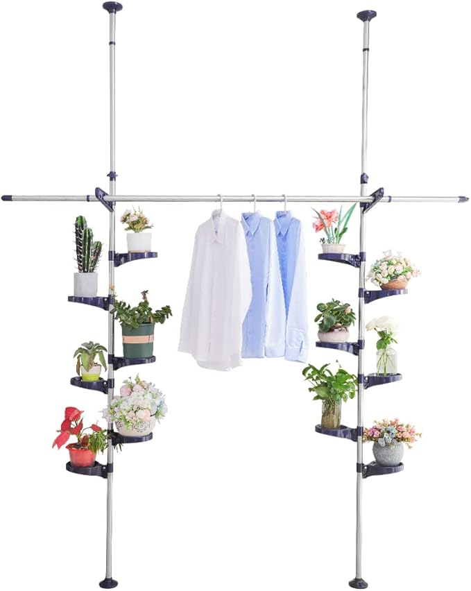 BAOYOUNI Indoor Tension Plant Pole Stands Double Rods Flower Pots Storage Shelf Floor to Ceiling Display Rack Hanger with 12 Trays, 2 Hooks & 1 Telescopic Rod for Clothes Drying, Navy Blue