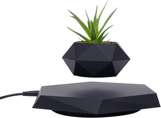 Black Hexagon Levitating Plant Pot Magnetic Floating Planter for Small Succulents Air Bonsai 360° Spin Desk Decor USB Powered Base Novelty Levitation Pot Indoor Office Shelf Table Centerpiece Gift