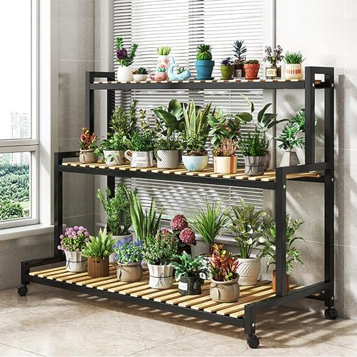 4-Tier Bamboo Plant Stand - Multi-Layer Metal Flower Rack, Indoor Succulent Holder, Ladder Style Wooden Decor for Home & Garden, Decorative Pot Shelf