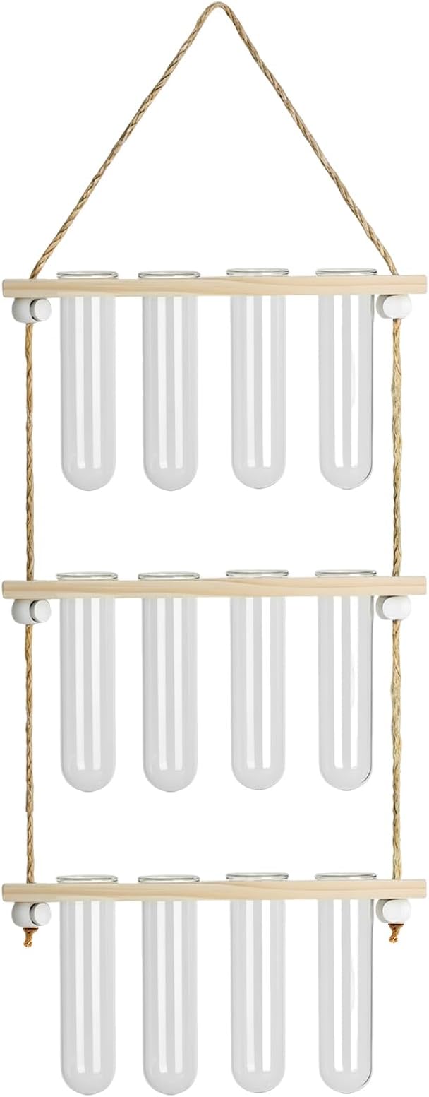 12 Tubes Hanging Plant Propagation Station, 4-Tier Wall Mounted Wooden Plant Stand with 3cm Large Shatterproof Plastic Tubes for Pothos Plant Cuttings, Indoor Window Decor & Gifts for Plant Lovers