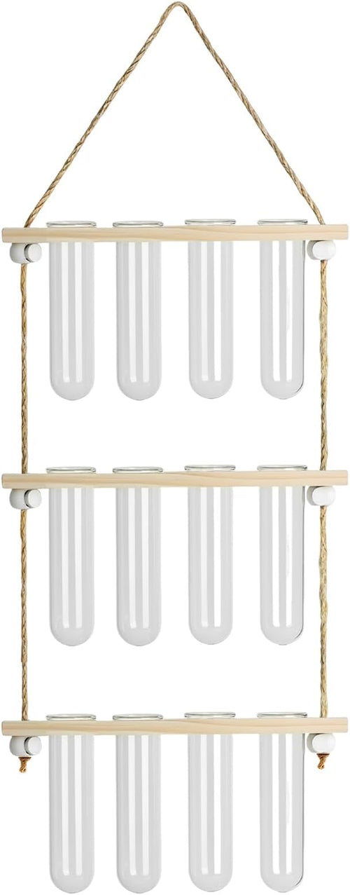 12 Tubes Hanging Plant Propagation Station, 4-Tier Wall Mounted Wooden Plant Stand with 3cm Large Shatterproof Plastic Tubes for Pothos Plant Cuttings, Indoor Window Decor & Gifts for Plant Lovers