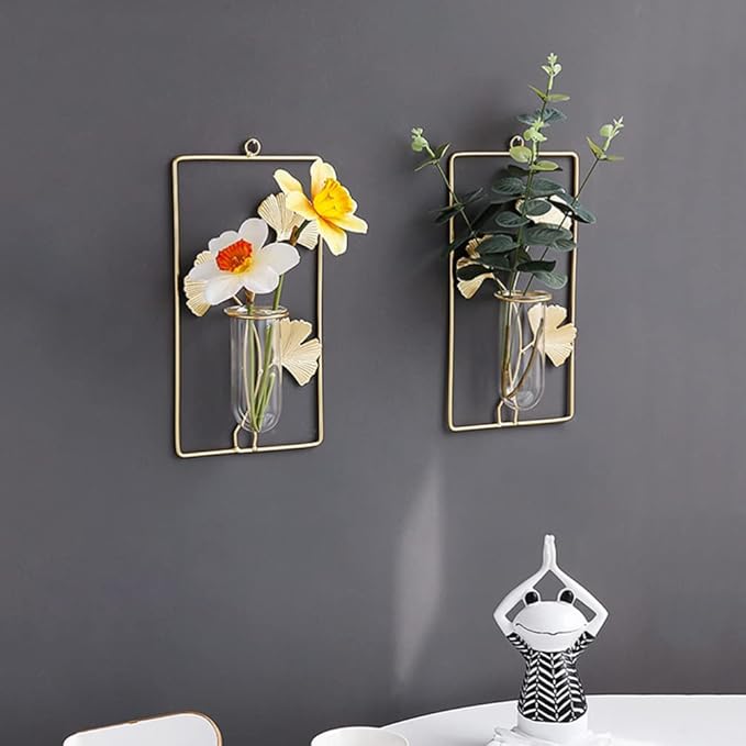 Veemoon Wall Hanging Glass Terrariums Planter Wall Mounted Plant Propagation Station Test Tube Mini Vase Pot for Hydroponic Plants Gingko Leaf Sculpture Home Decor Gold L