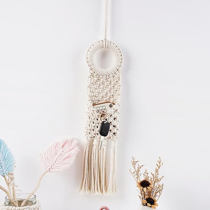 Cabilock Macrame Hanging Wall Organizer - Small Boho Woven Storage Pouch for Keys, Phone & Mail - Decorative Cotton Tassel Tapestry for Dorm Room, Bedside & Narrow Spaces