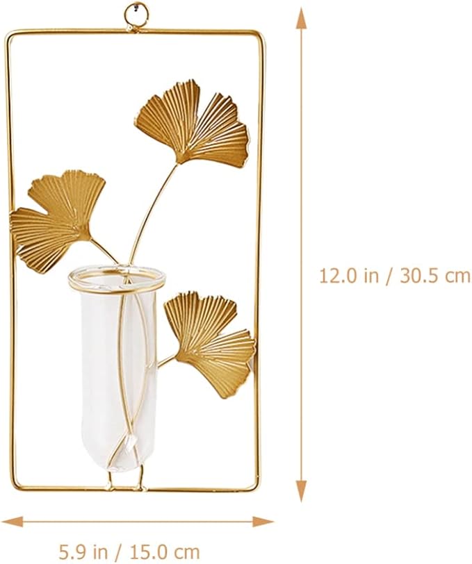 Veemoon Wall Hanging Glass Terrariums Planter Wall Mounted Plant Propagation Station Test Tube Mini Vase Pot for Hydroponic Plants Gingko Leaf Sculpture Home Decor Gold L