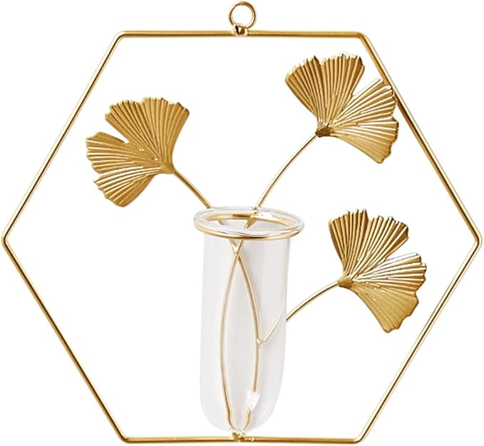 Gold Wall Decor Flower Tubes Geometric Metal Vase Hydroponic Planter with Leaf Decoration, Hexagon Shape