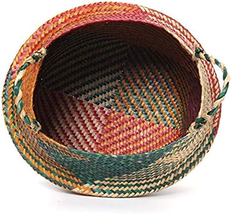 Natural Seagrass Basket - BESTCHANCEUS Seagrass Belly Basket with Handles Handmade Foldable Tote for Storage,Laundry, Picnic, Plant Pot Cover, and Beach Bag Colorful 29x26CM