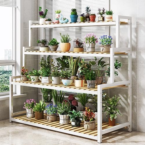 4-Tier Bamboo Plant Stand with Metal Support - Stylish Multi-Layer Flower Display Rack for Indoor Plants, Succulents & Home Décor - Ladder Design for Organizing & Showcasing