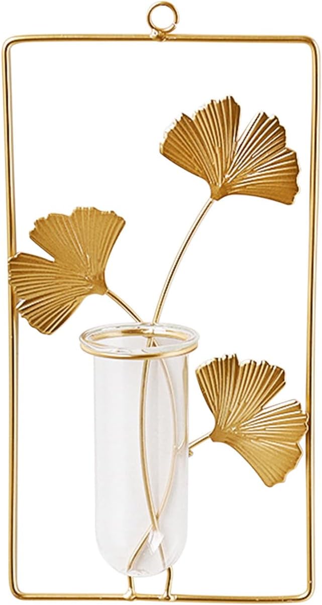 Hanging Gold Wall Decor Flower Tubes Geometric Metal Vase Hydroponic Planter with Leaf Decoration Wall-Mounted Nordic Vase for Displaying Dried Flowers & Fake Flowers (Rectangle)