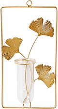 Hanging Gold Wall Decor Flower Tubes Geometric Metal Vase Hydroponic Planter with Leaf Decoration Wall-Mounted Nordic Vase for Displaying Dried Flowers & Fake Flowers (Rectangle)