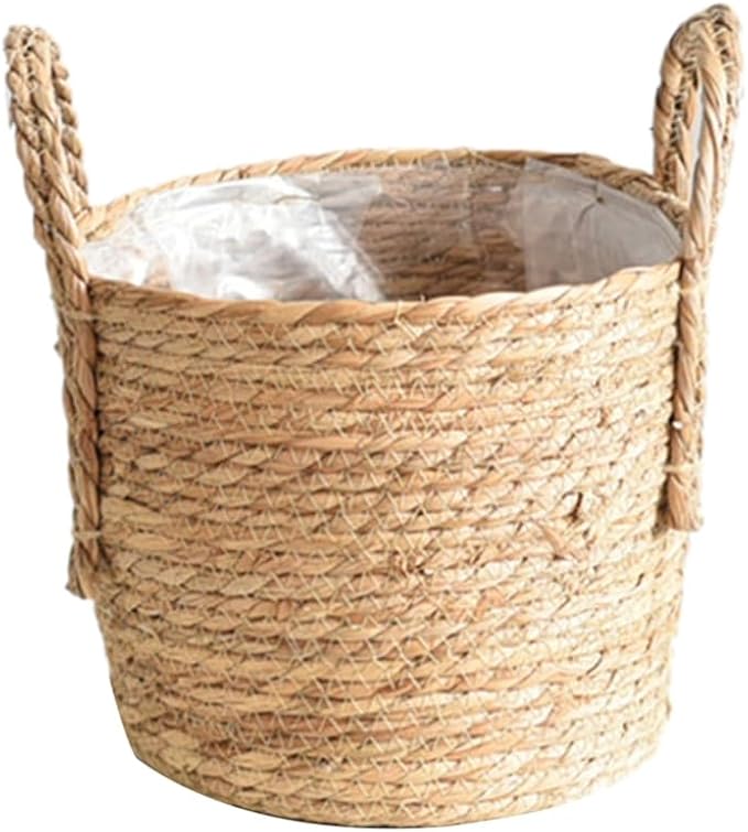 Woven Straw Flower Pot, Sea-Grass Planter Basket, Wicker Rattan Vase Sundries Organizers Storage Bins, Hand Woven Basket Planter with Plastics Liners and Handle - L 8.26x10.63inch