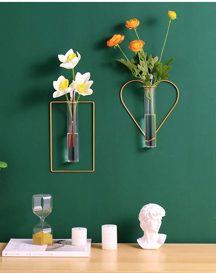 Nordic Wall Vase,Gold Geometric Vase Hanging Hydroponic Planter,Wall-Mounted Metal Glass Tube Bud Vase Decorative for Centerpieces Wedding Home Decor(Gold 1)