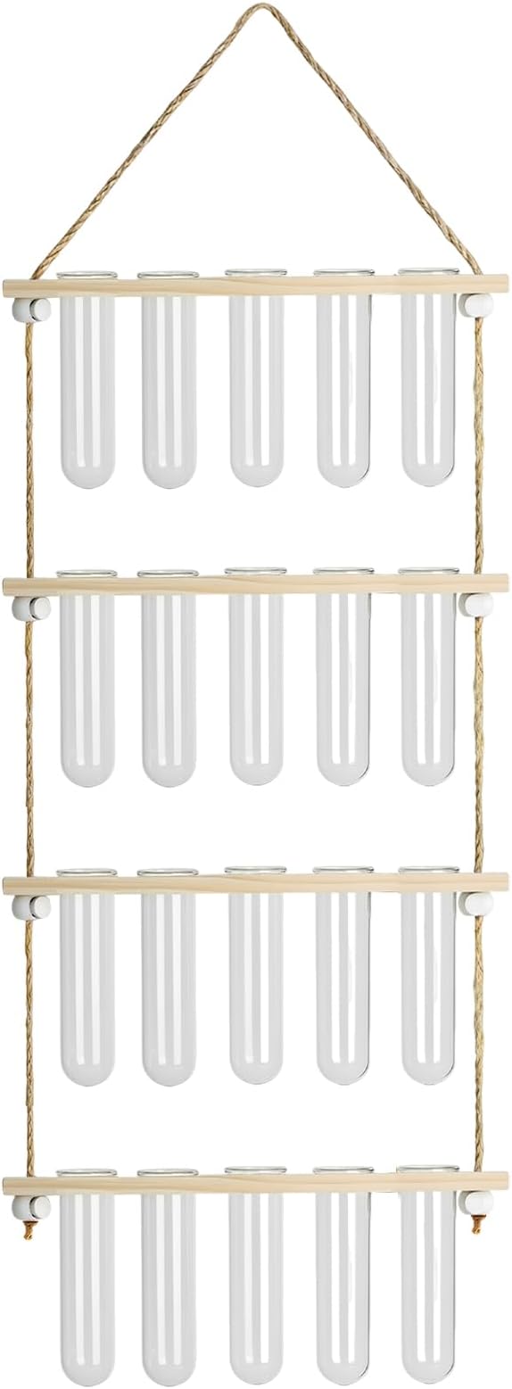 20Tubes Hanging Plant Propagation Station, 4-Tier Wall Mounted Wooden Plant Stand with 3cm Large Shatterproof Plastic Tubes for Pothos Plant Cuttings, Indoor Window Decor & Gifts for Plant Lovers