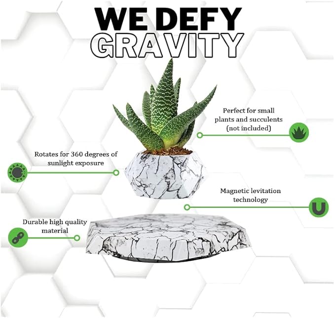 BandDlevs Floating Pots for Plants - Levitating Pot - Levitating Planter for Bonsai, Succulents, Air Plants - Floating Magnetic Display for Home Office Desks -Magnetic Levitation Plant Holder (Marble)