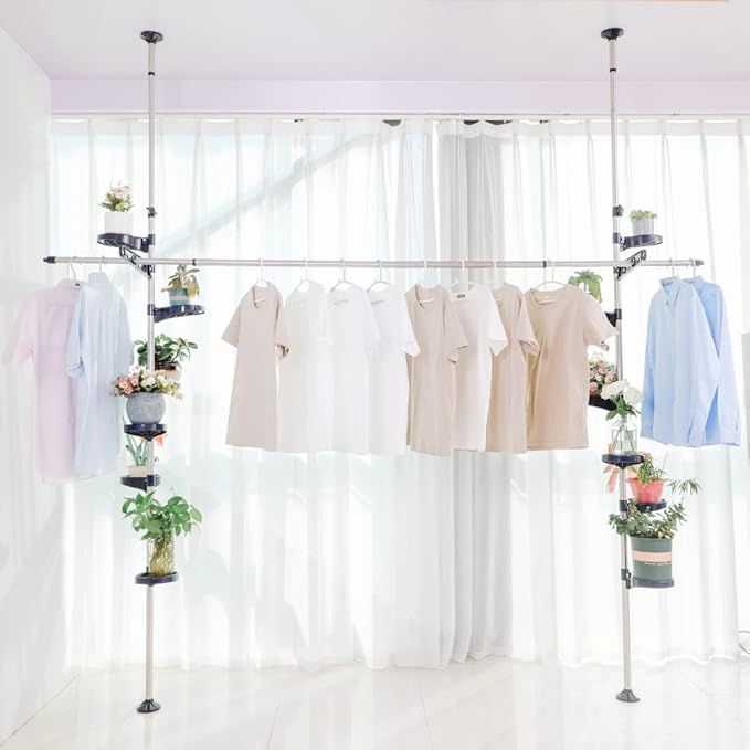 BAOYOUNI Indoor Tension Plant Pole Stands Double Rods Flower Pots Storage Shelf Floor to Ceiling Display Rack Hanger with 12 Trays, 2 Hooks & 1 Telescopic Rod for Clothes Drying, Navy Blue