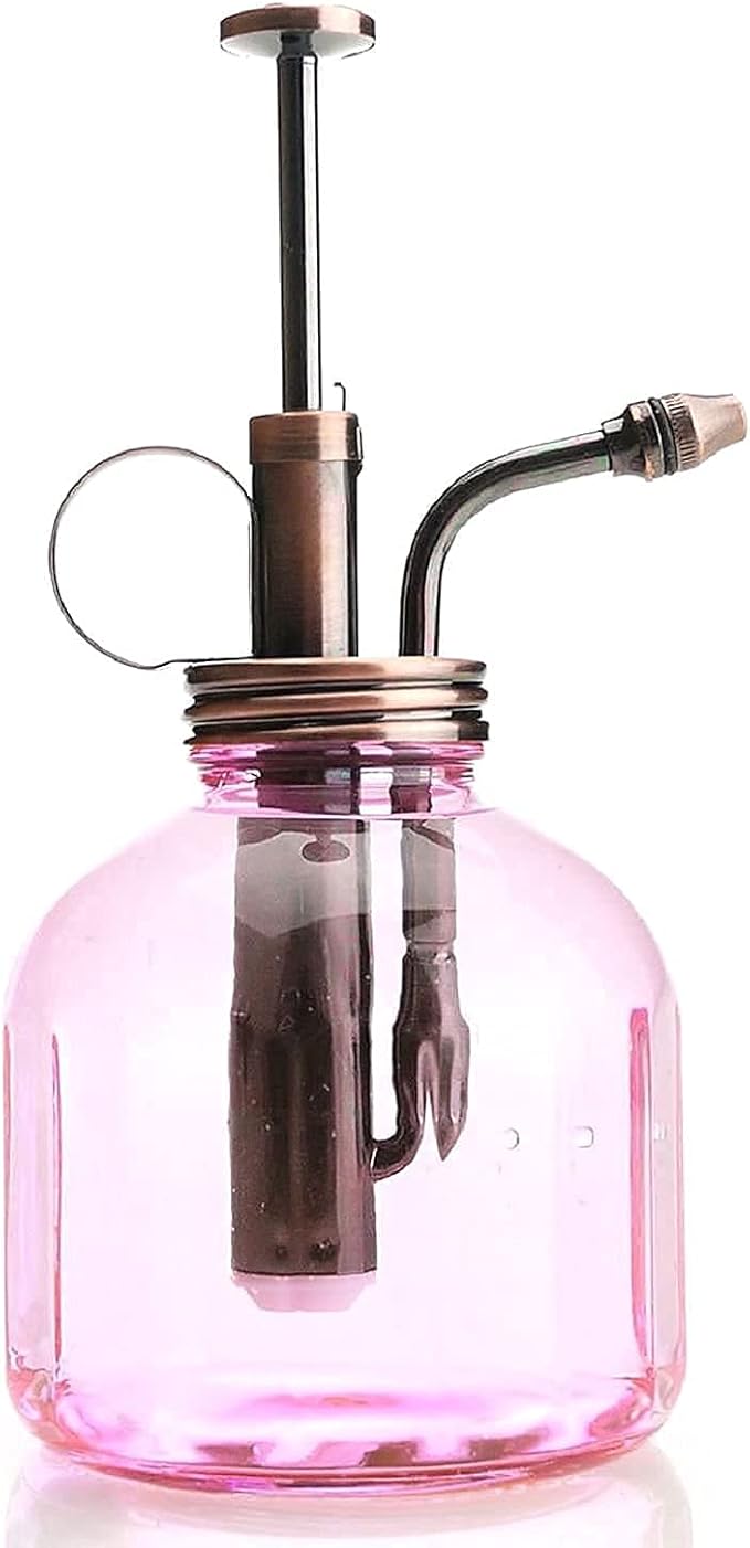 Plant Mister- Pink Glass Bottle & Brass Sprayer (Antique Copper)
