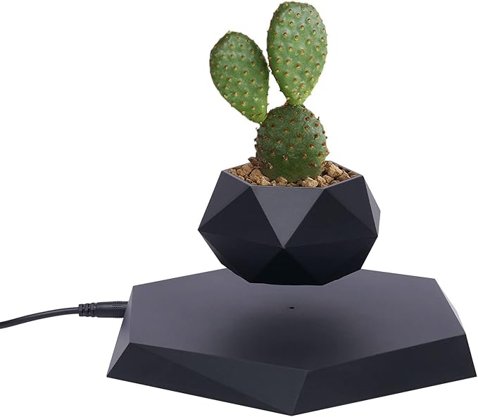 Black Hexagon Levitating Plant Pot Magnetic Floating Planter for Small Succulents Air Bonsai 360° Spin Desk Decor USB Powered Base Novelty Levitation Pot Indoor Office Shelf Table Centerpiece Gift