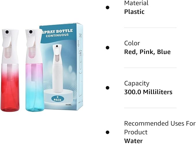 (2 Packs) Hair Spray Bottles, Continuous Water Mister Spray Bottle Empty for Hairstyling, Skin Care, Cleaning and Plant Spraying, 300ml/ 10 Oz (RED+BLUE)