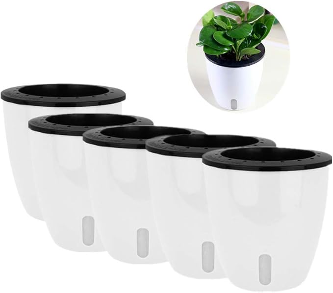 5 Pack Lazy Flower Pots Water Plants Pot/Self Watering Planter with Visible Water Level,Flower Root Care Seedlings Nursery Pot Planter Plants Pots Indoor Out Flowerpot Window Balcony (White)